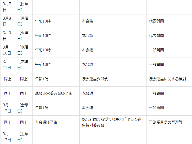 令和3年3月の会議開催予定一部抜粋(出典: 福島市議会公式ウェブサイト)